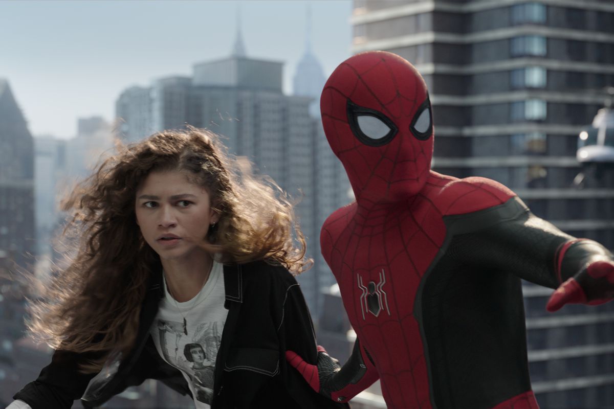 Spider-Man (Tom Holland) and Mary Jane (Zendaya) stand on top of a building after swinging in Spider-Man: No Way Home