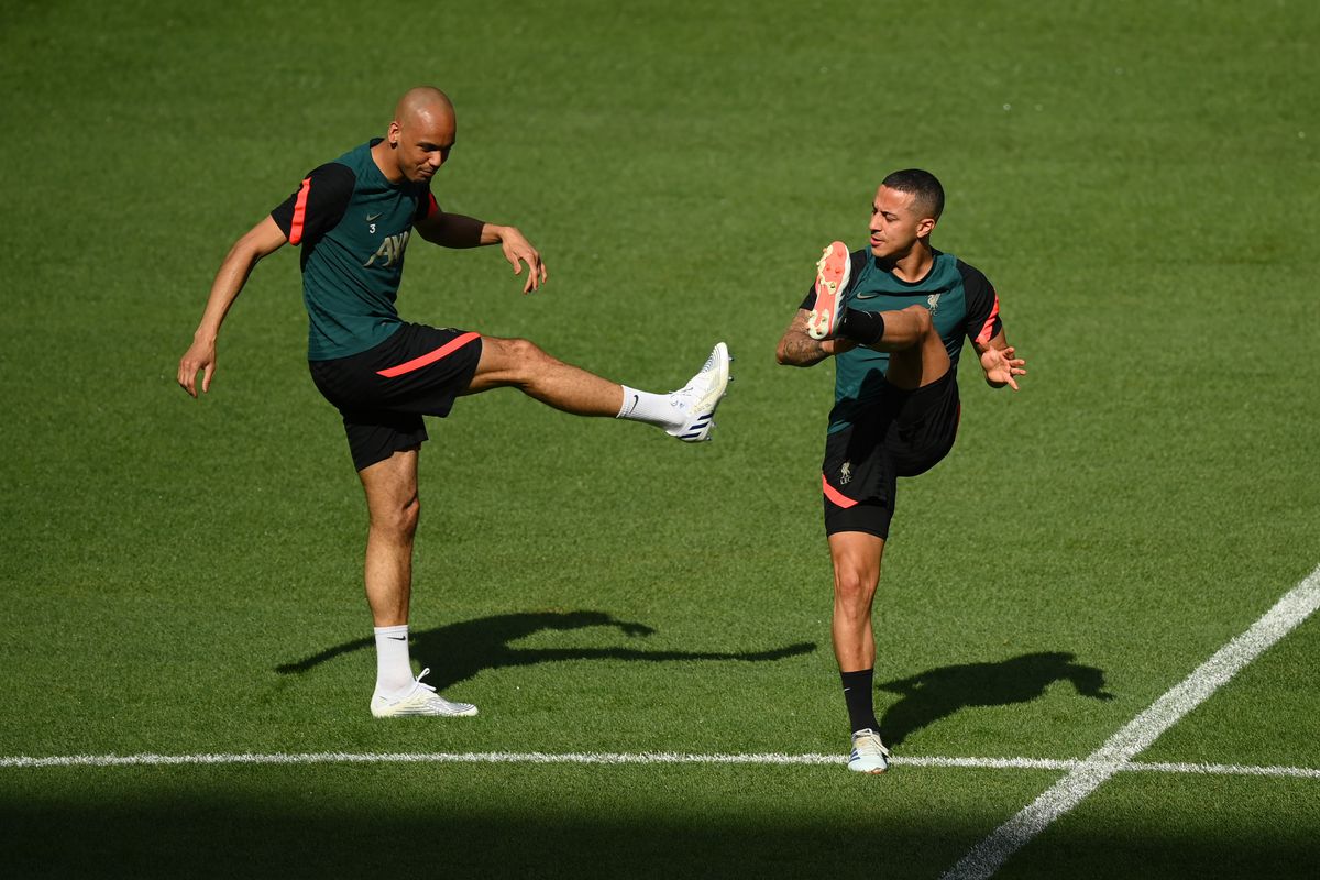 Fabinho and Thiago Alcantara of Liverpool stretch during the Liverpool FC Training Session at Stade de France on May 27, 2022 in Paris, France. Liverpool will face Real Madrid in the UEFA Champions League final on May 28, 2022.