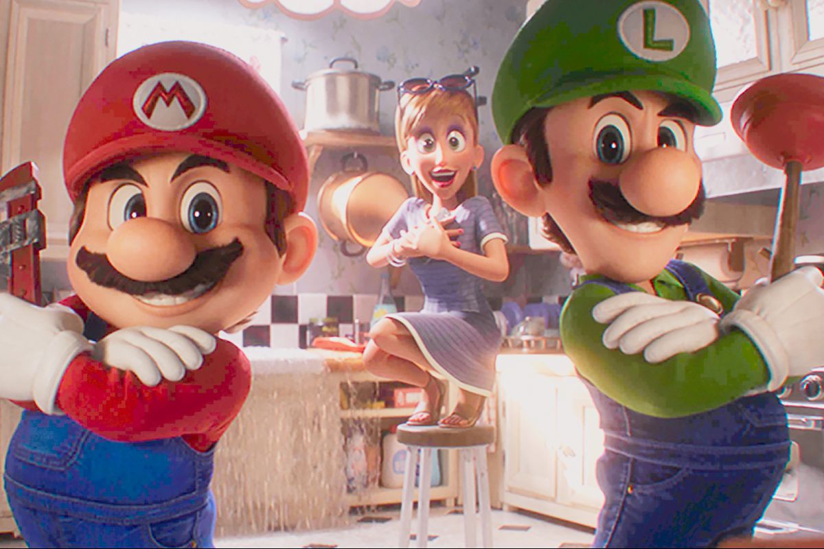 Mario and Luigi pose with plumbing tools in front of a customer in her kitchen in a still from The Super Mario Bros. Movie