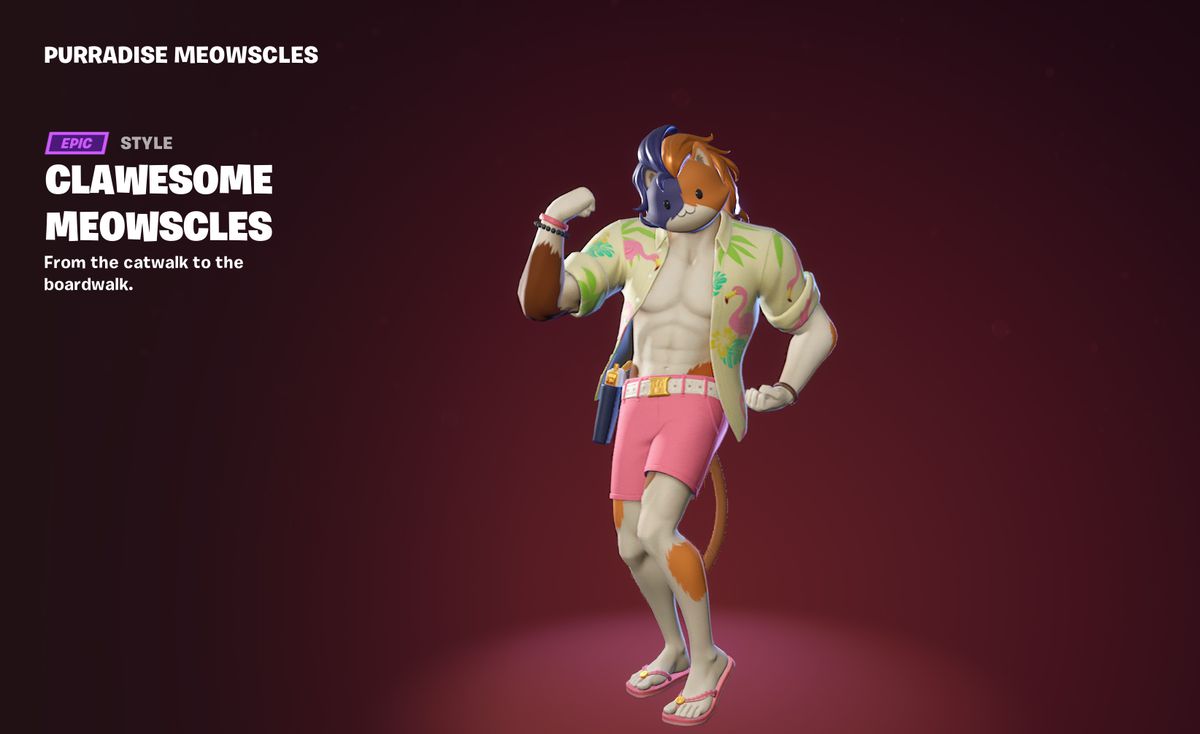 Clawesome Meowscles in Fortnite, which is the same Meowscles as before but with a flamingo print shirt and pink pants.