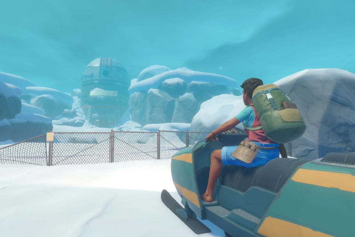 A Raft character rides a snowmobile towards a fence