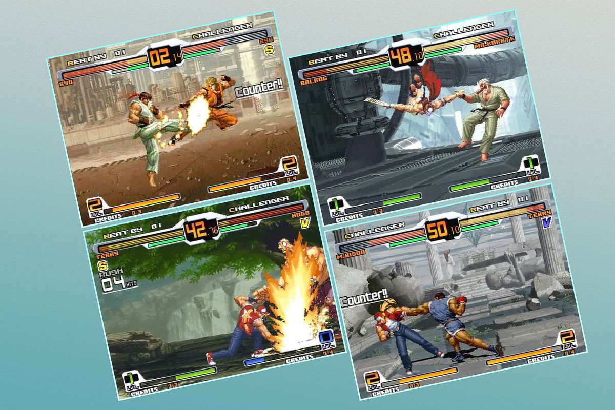Four screenshots show Capcom and SNK characters fighting one another