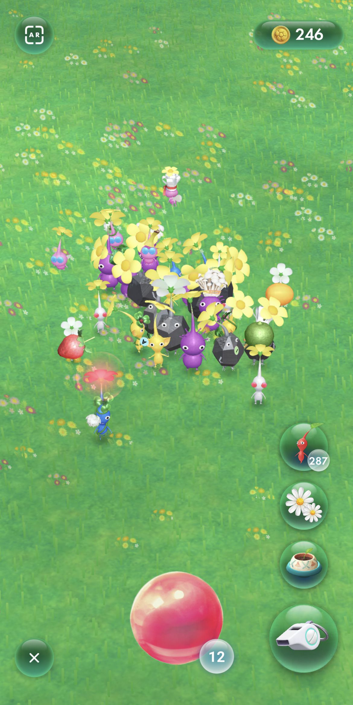 The Pikmin Bloom interface shows a player waiting to eat their Pikmin fruit