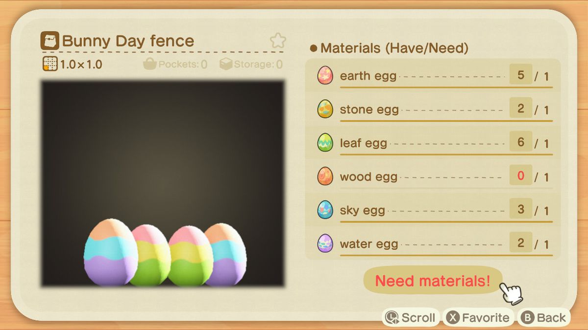 A crafting recipe for a Bunny Day Fence from Animal Crossing: New Horizons