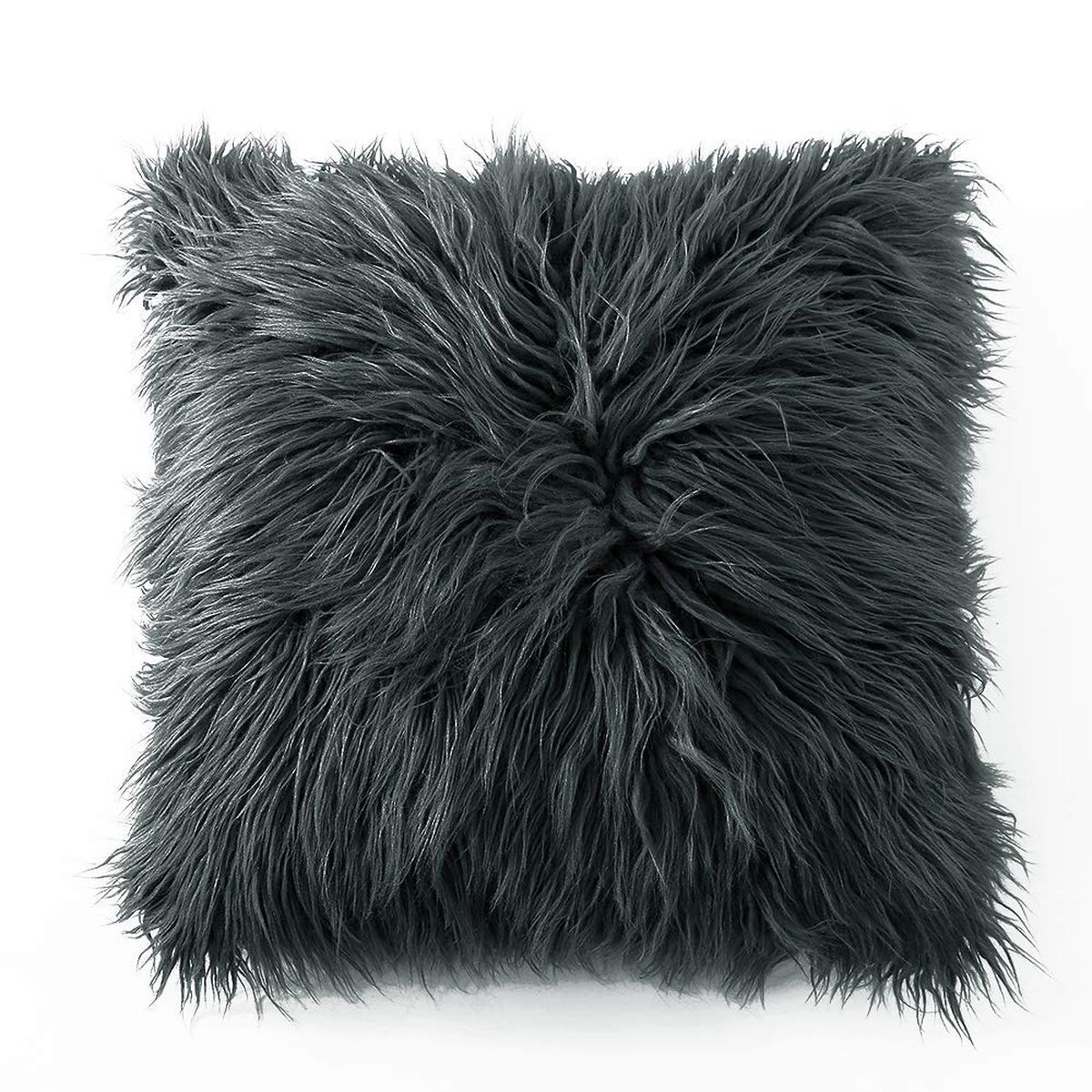 A dark gray faux fur throw pillow.