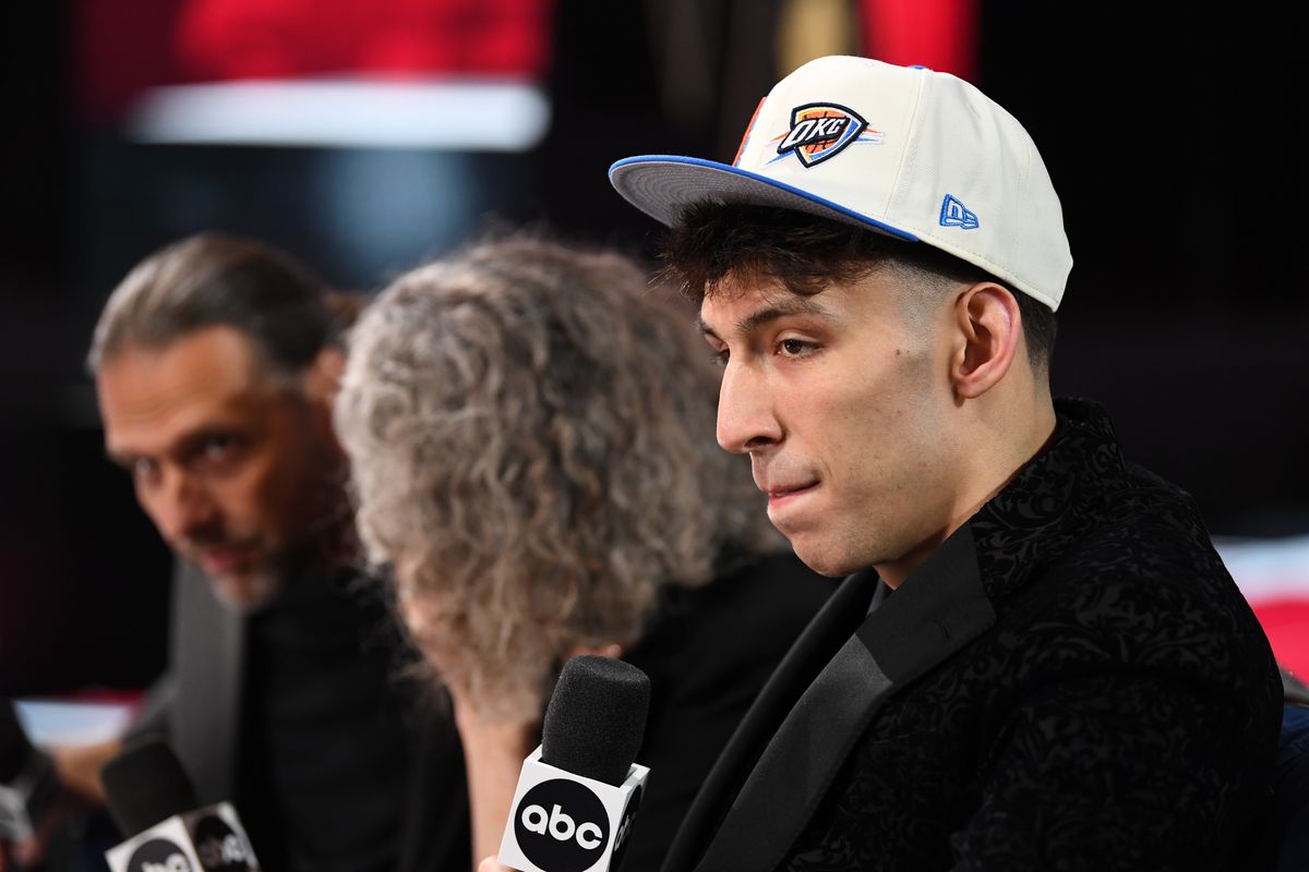 Chet Holmgren speaks to the media during the 2022 NBA Draft on June 23, 2022 at Barclays Center in Brooklyn, New York.