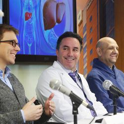 Tracy Schmidt, of Intermountain Donor Services, patient Lorenzo Swank, Dr. Richard Gilroy and patient David Ericson laugh as they discuss how Intermountain Medical Center used diseased livers to save lives during a press conference in Murray on Tuesday, Dec. 13, 2016.