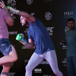 Kelvin Gastelum throws a right hand at the UFC 224 open workouts Wednesday inside Barra Shopping Mall in Rio de Janeiro, Brazil.