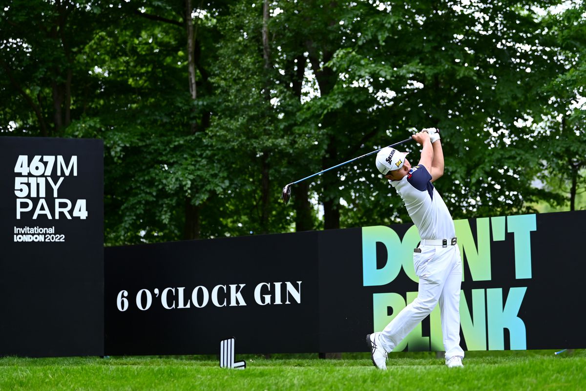 Jinichiro Kozuma of Smash GC plays his shot from the fourth tee during day one of the LIV Golf Invitational - London at The Centurion Club on June 09, 2022 in St Albans, England.