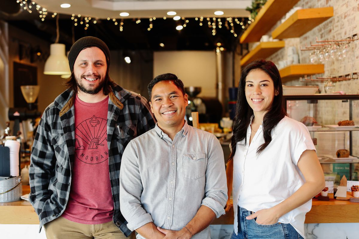 Left to right: Chris Avirett (director of coffee); Jonathan Pascual (founder and CEO); and Jenny Burrell (director of marketing) of Opo Coffee
