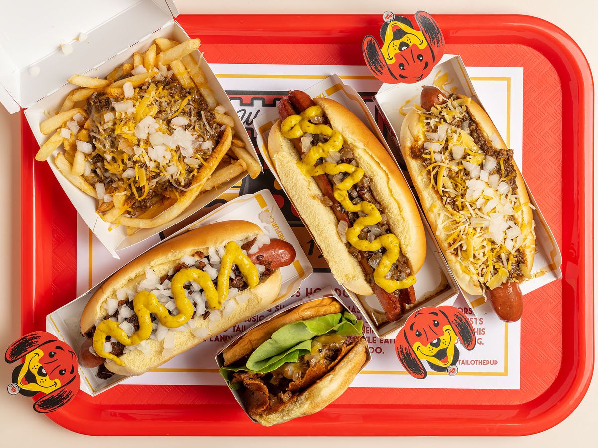 A close up overhead photo of chili cheese hot dogs, fries, burgers, and more.