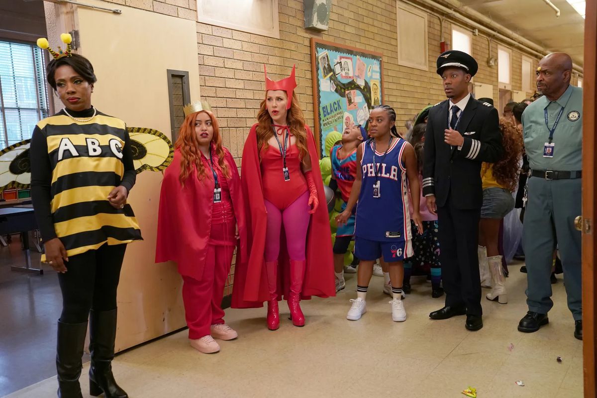 The cast of Abbott Elementary dress up for Halloween — the Spelling Bee, two Scarlet Witches, James Harden, and Sully Sullenberger.