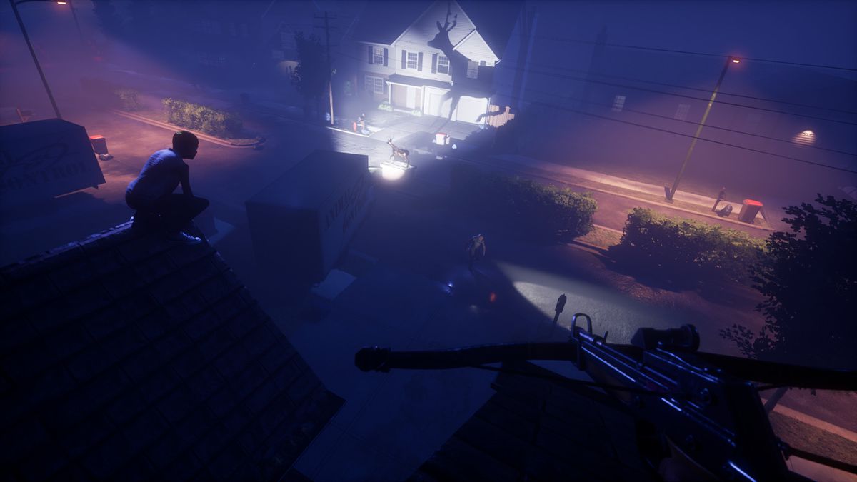 The Blackout Club - two players crouch on two rooftops in a suburban neighborhood, looking at a projected shadow of a deer statue.