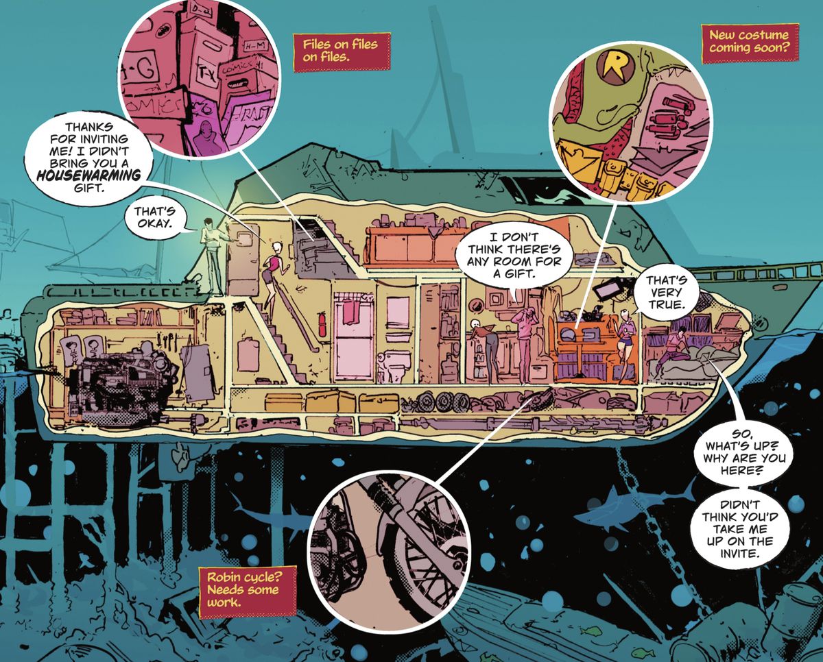 A cross-section of Tim Drake's new boathouse, which has heaps of file boxes, a Robin cycle in need of repair, and a new outfit in the works in Tim Drake: Robin #1 (2022). 