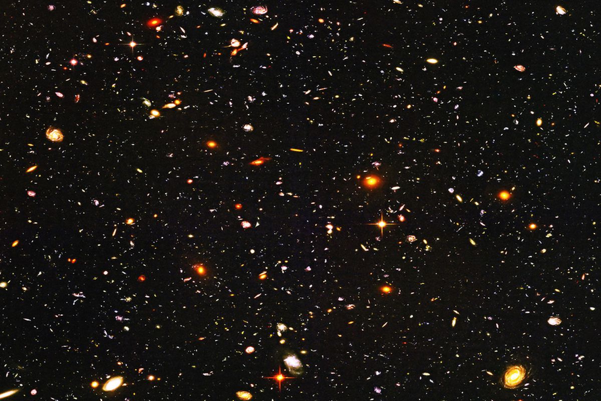 Hubble Ultra Deep Field -- pretty much everything pictured is a galaxy. About a fingernail's width of the night sky.