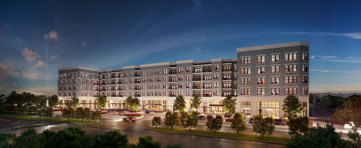 A rendering of Alexan River Oaks shows the apartment complex building with room for shops and the restaurant on its first floor.