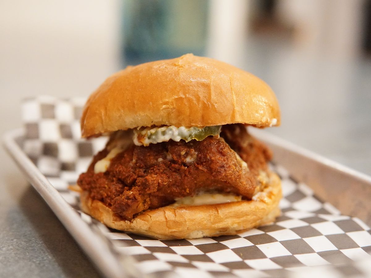 White meat hot fried chicken, pickles, mayo