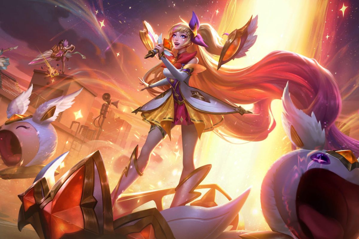 League of Legends: Wild Rift - Star Guardian Serpahine has the singer in orange and white magical girl garb, singing with her small spherical companions.