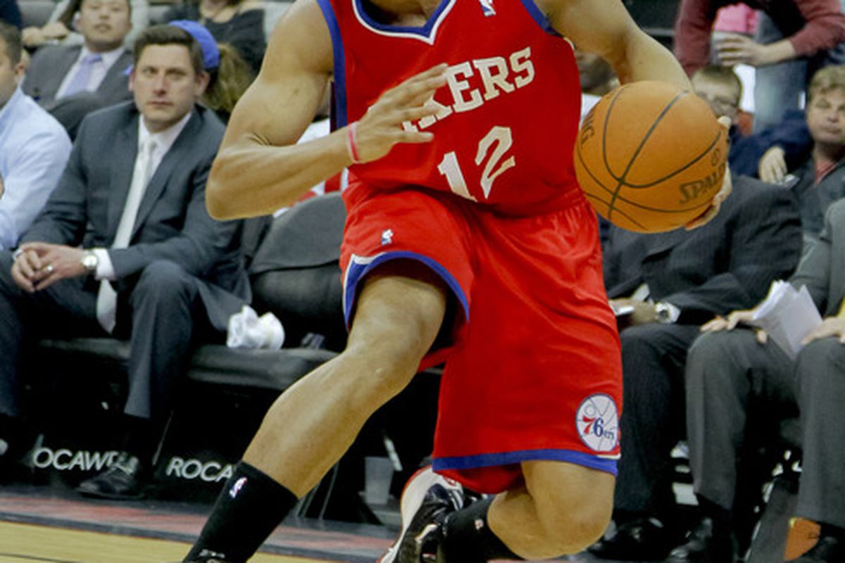 Apr 23, 2012; Newark, NJ, USA; Philadelphia 76ers shooting guard Evan Turner (12) during the first half against the New Jersey Nets at the Prudential Center. Mandatory Credit: Jim O'Connor-US PRESSWIRE
