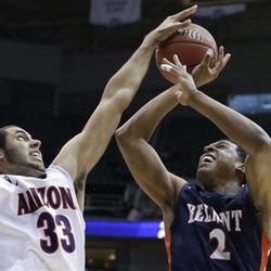Arizona's Grant Jerrett (33) blocks a shot by Belmont's Blake Jenkins (2) during the first half in a second-round game in the NCAA college basketball tournament in Salt Lake City Thursday, March 21, 2013. (AP Photo/Rick Bowmer) 