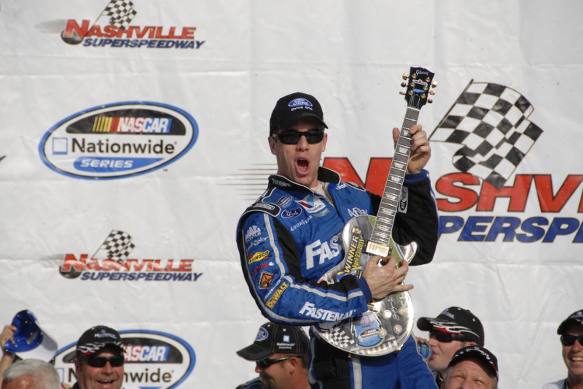 Carl Edwards celebrates in Nashville Superspeedway's victory lane after winning last month's NASCAR Nationwide Series race. (Photo: Anne Marie Brooks/Special to NNSracing.com)
