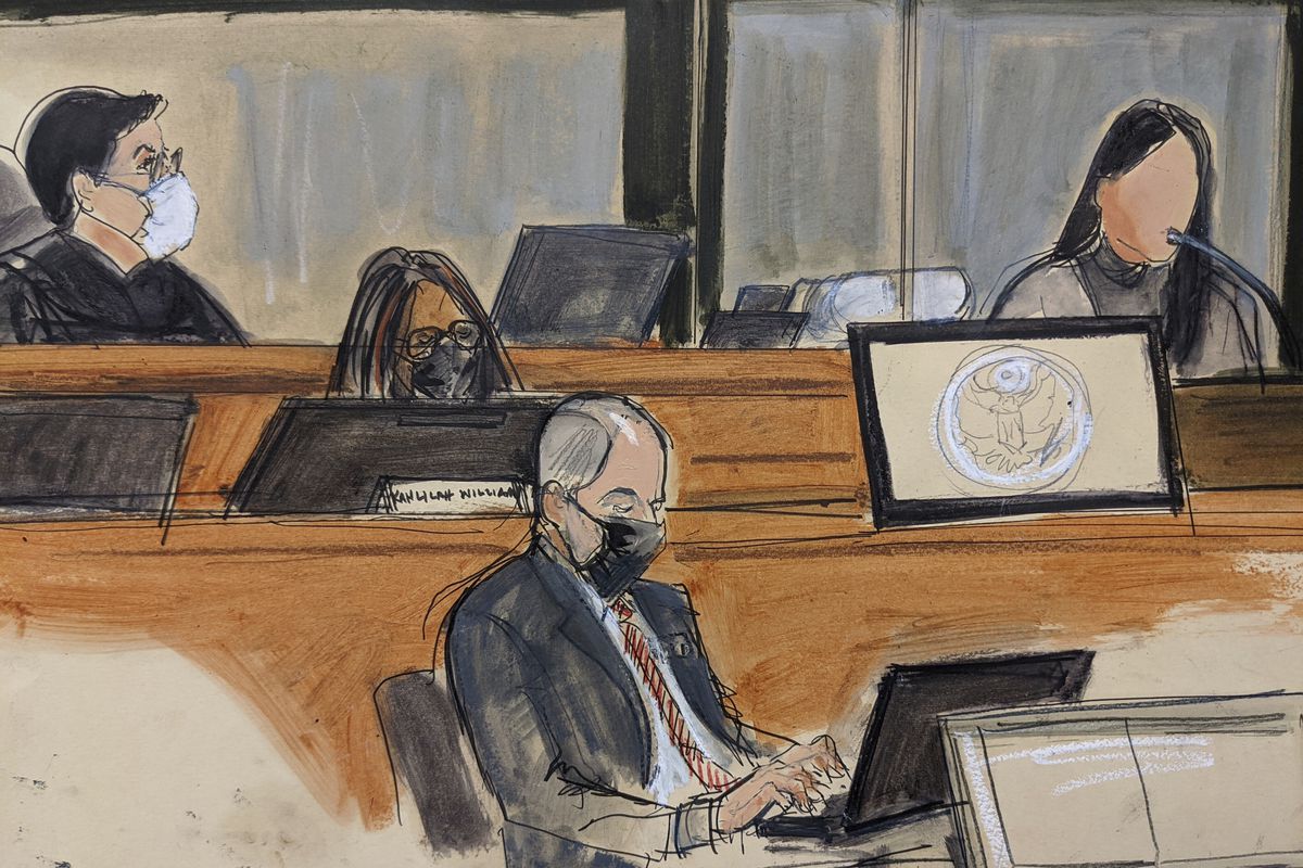 In this courtroom sketch, Judge Alison Nathan, far left, listens as a witness using the pseudonym “Jane” testifies during Ghislaine Maxwell’s trial, Tuesday Nov. 30, 2021, in New York. The woman testified that she had repeated sexual contact with disgraced financier Jeffrey Epstein when she 14 and that Maxwell was there when it happened. 