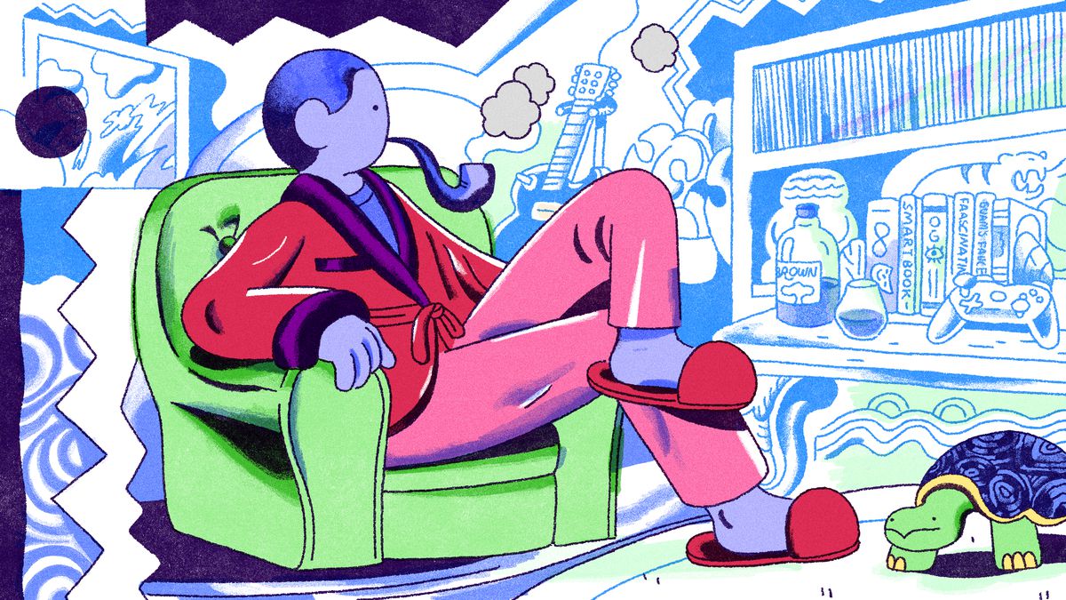 A male figure in a velvet smoking jacket sits comfortably in a plush arm chair. He is smoking a pipe and surrounded by stereotypical masculine items like whiskey bottles and video game controllers. Illustration.