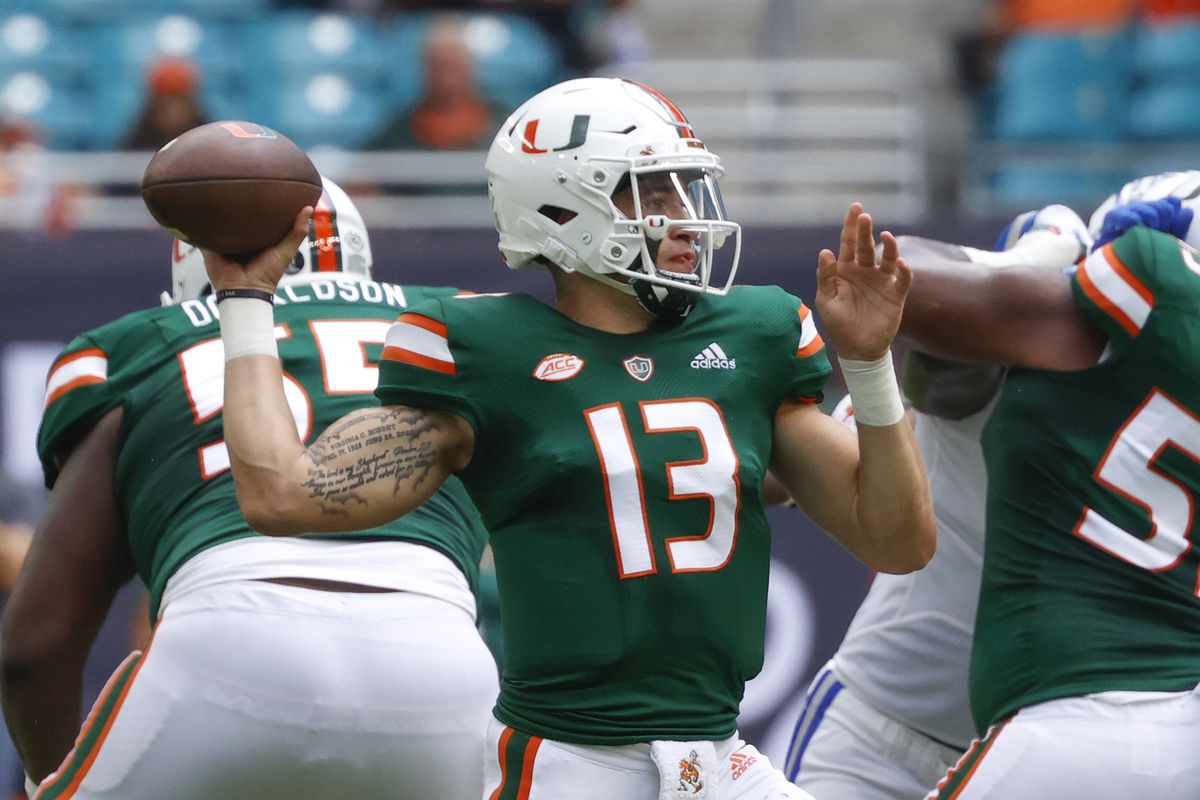 Jake Garcia of the Miami Hurricanes throws the ball against the Central Connecticut Blue Devils on September 25, 2021 at Hard Rock Stadium in Miami Gardens, Florida.