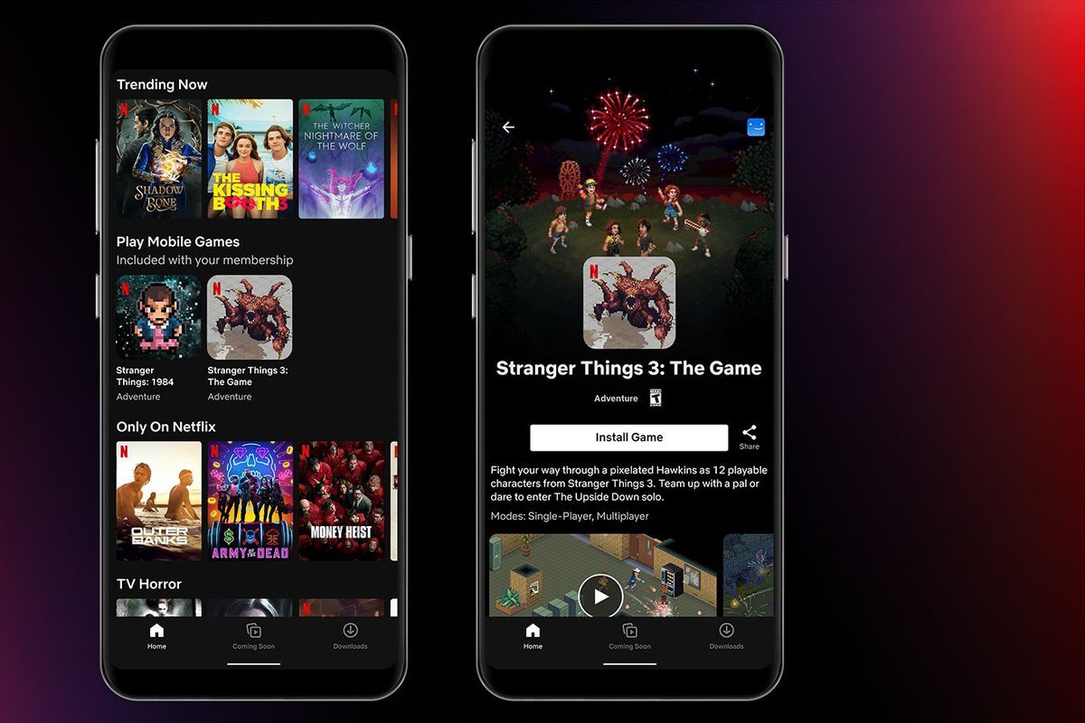 A mock-up of Netflix’s games interface showing off Stranger Things 3 and Stranger Things: 1984 in a row beneath streaming shows.
