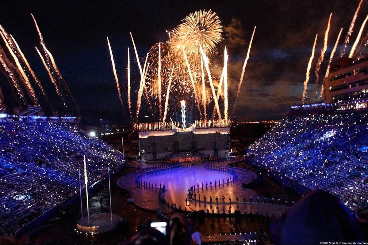 FILE - Fireworks explode during the 2002 Winter Olympic Games closing ceremony Sunday, Feb 24, 2002 at Rice-Eccles Stadium.