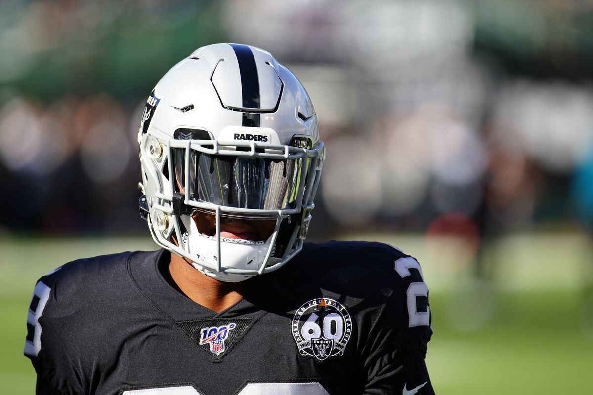 Josh Jacobs #28 of the Oakland Raiders warms up prior to the game against the Jacksonville Jaguars at RingCentral Coliseum on December 15, 2019 in Oakland, California.
