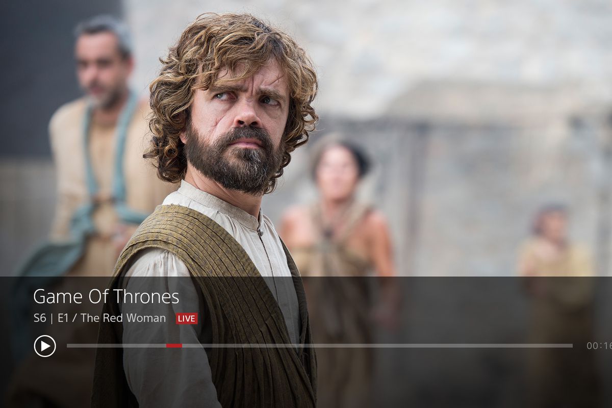 a screenshot of Tyrion Lannister, a bearded dwarf with curly hair, in Game of Thrones’ season 6 premiere playing on PlayStation Vue