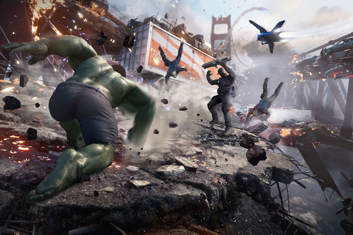 Hulk attacks an enemy on the Golden Gate Bridge in Marvel’s Avengers