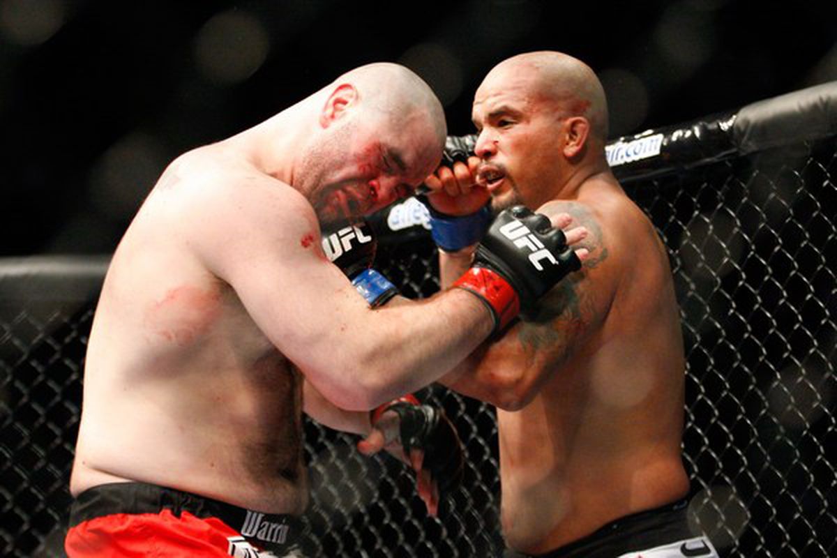 MONTREAL- MAY 8: Joey Beltran (R) punches Tim Hague in their heavyweight bout at UFC 113 at Bell Centre on May 8, 2010 in Montreal, Quebec, Canada.  (Photo by Richard Wolowicz/Getty Images)