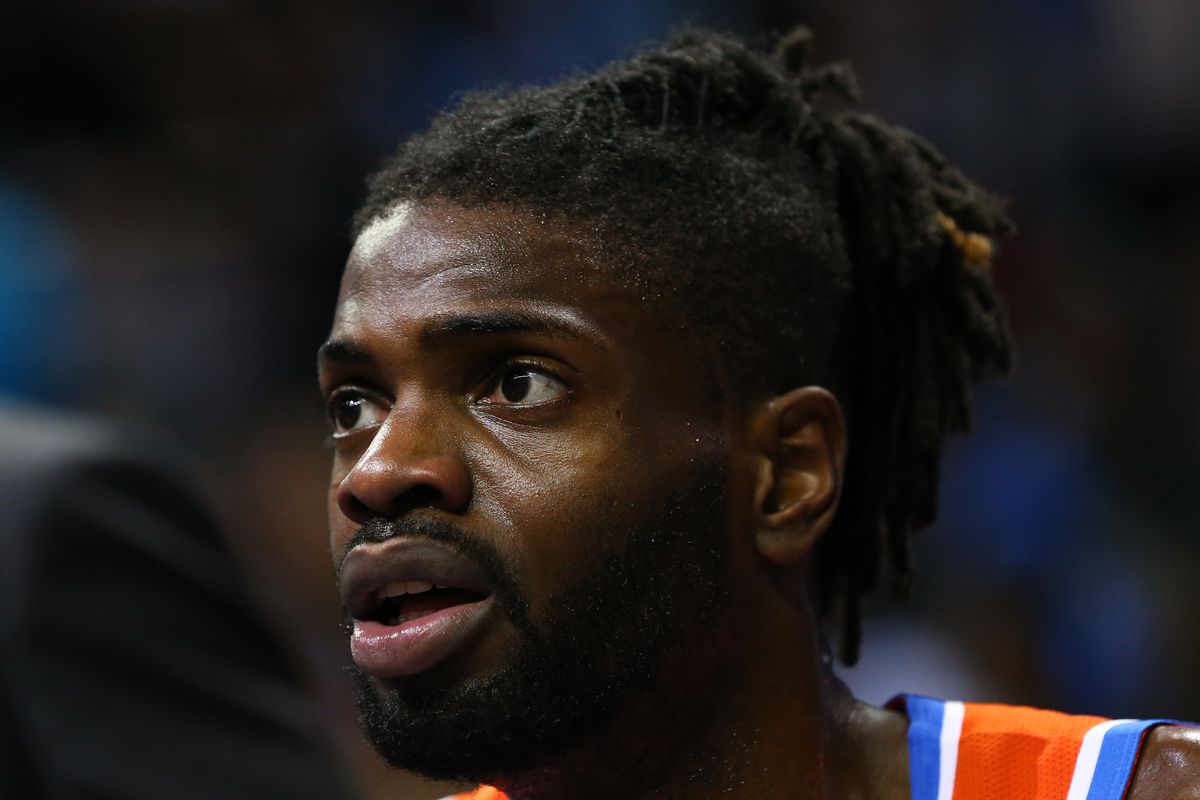 Oklahoma City Thunder center Nerlens Noel sits on the bench during the first half against the Charlotte Hornets at Spectrum Center.