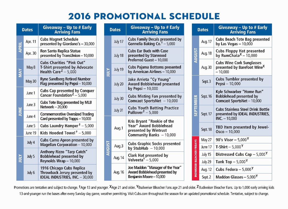 2016 cubs promo schedule