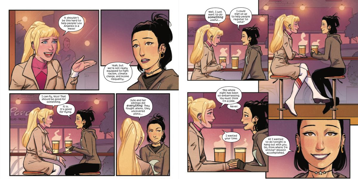 Karolina and Nico get coffee after a failed evening of crime fighting and talk about how even though it’s hard to make a real difference, Nico just enjoyed spending time with her girlfriend, in Runaways #24, Marvel Comics (2019). 