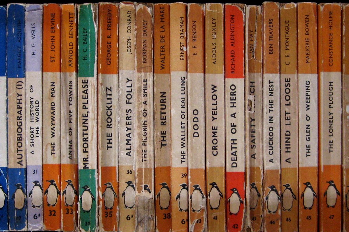 The penguins of Penguin Books march along, one book at a time. 