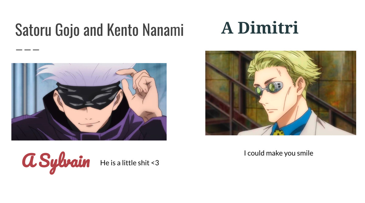 a powerpoint slide featuring two Jujutsu kaisen characters 