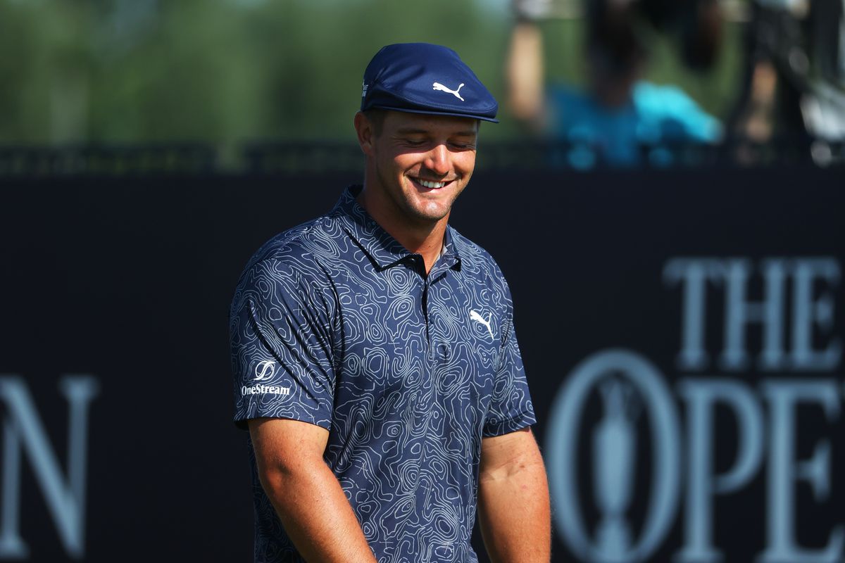 Bryson DeChambeau of the USA after playing his tee shot on the first during Day Four of The 149th Open at Royal St George’s Golf Club on July 18, 2021 in Sandwich, England.
