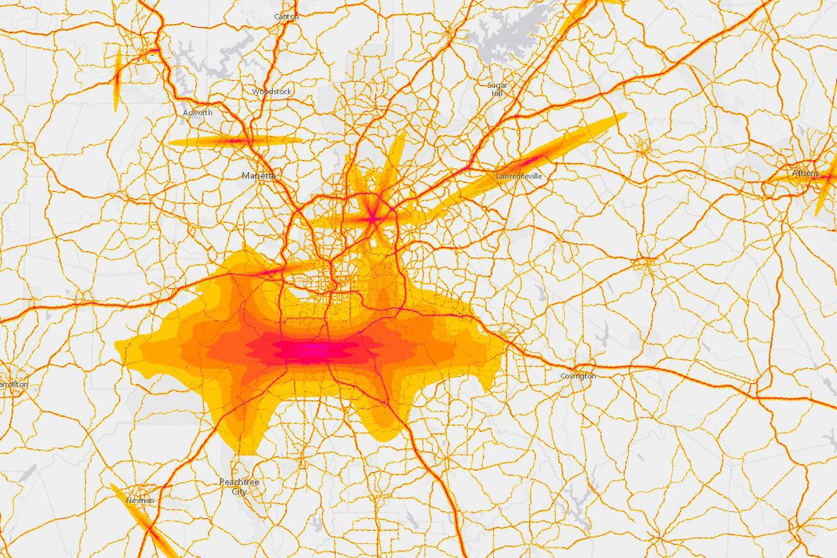 Map of greater Atlanta, with major highways and airports clearly visible in red and yellow, representing noise levels.