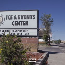 The scene outside the venue Saturday night for Bare Knuckle FC at Cheyenne Ice & Events Center in Wyoming.