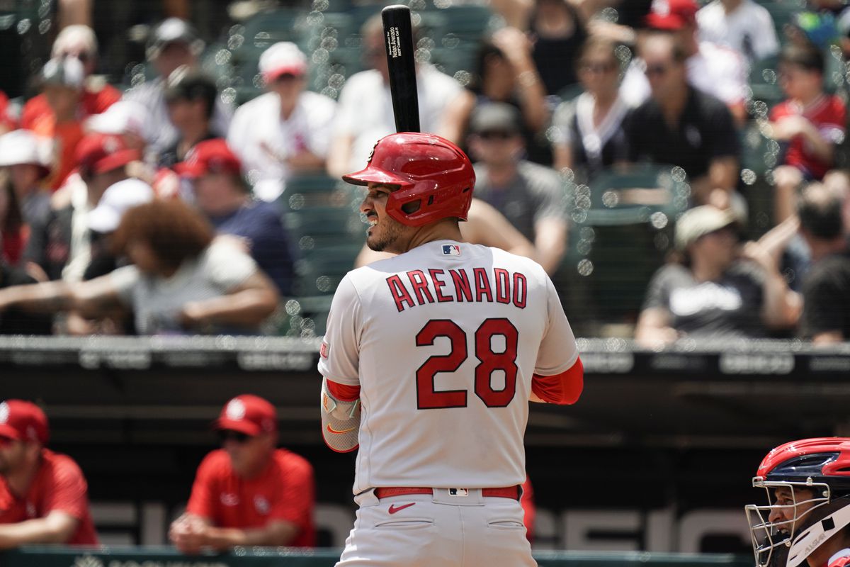Nolan Arenado #28 of the St. Louis Cardinals bats against the Chicago White Sox at Guaranteed Rate Field on July 09, 2023 in Chicago, Illinois.