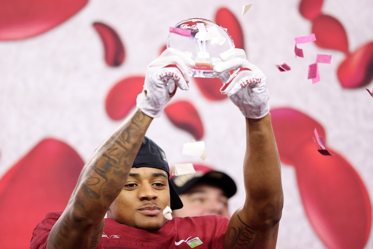 Defensive back Patrick Surtain II of the Alabama Crimson Tide celebrates after receiving Defensive Player of the Game, after winning in the 2021 College Football Playoff Semifinal Game at the Rose Bowl Game presented by Capital One 31-14 over the Notre Dame Fighting Irish at AT&amp;T Stadium on January 01, 2021 in Arlington, Texas.