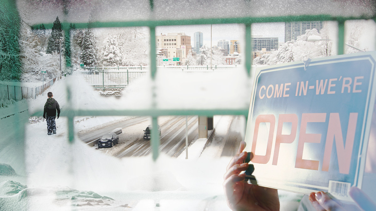 A collage of a window pane looking into a snowy scene and an “Open” sign