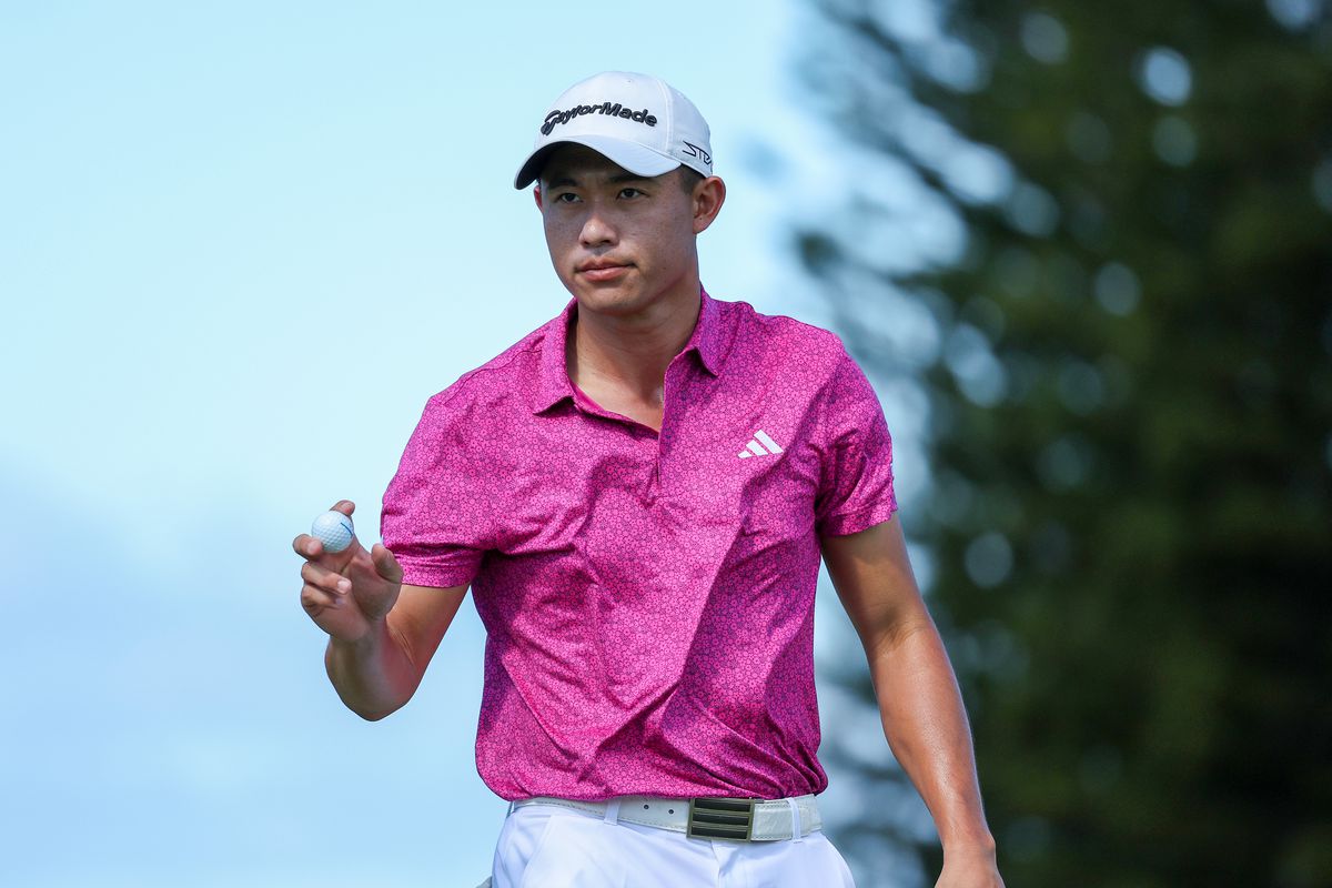 Collin Morikawa of the United States reacts after making par on the second green during the second round of the Sentry Tournament of Champions at Plantation Course at Kapalua Golf Club on January 06, 2023 in Lahaina, Hawaii.