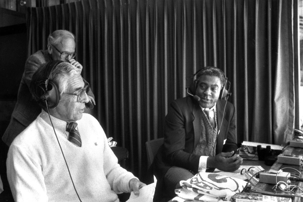 Phil Rizzuto and Bill White broadcasting Yanks-Angels game.