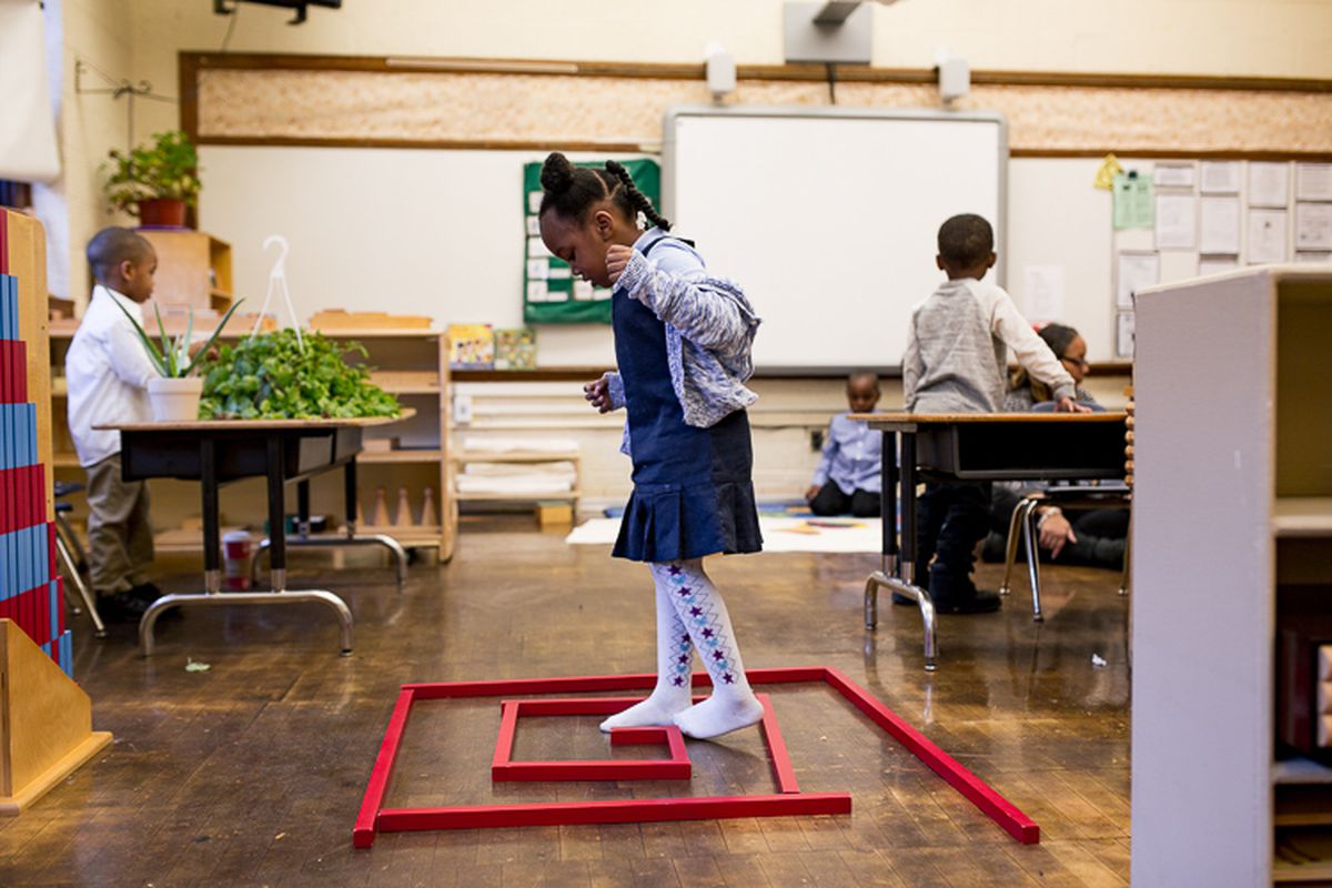 Detroit Montessori students worked together to build a labyrinth out of long, thin blocks.