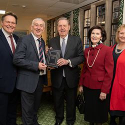 Left to right: Stephen Kerr, member of the British Parliament; the Rt. Hon. Sir Linday Hoyle, deputy speaker of the House of Commons; Elder Jeffrey R. Holland of the Quorum of the Twelve Apostles; Sister Patricia Holland; and Sister Yvonne Kerr pose with a gift copy of the Book of Mormon Elder Holland gave to Sir Lindsay at the Palace of Westminster in London on Wednesday, Nov. 21, 2018.