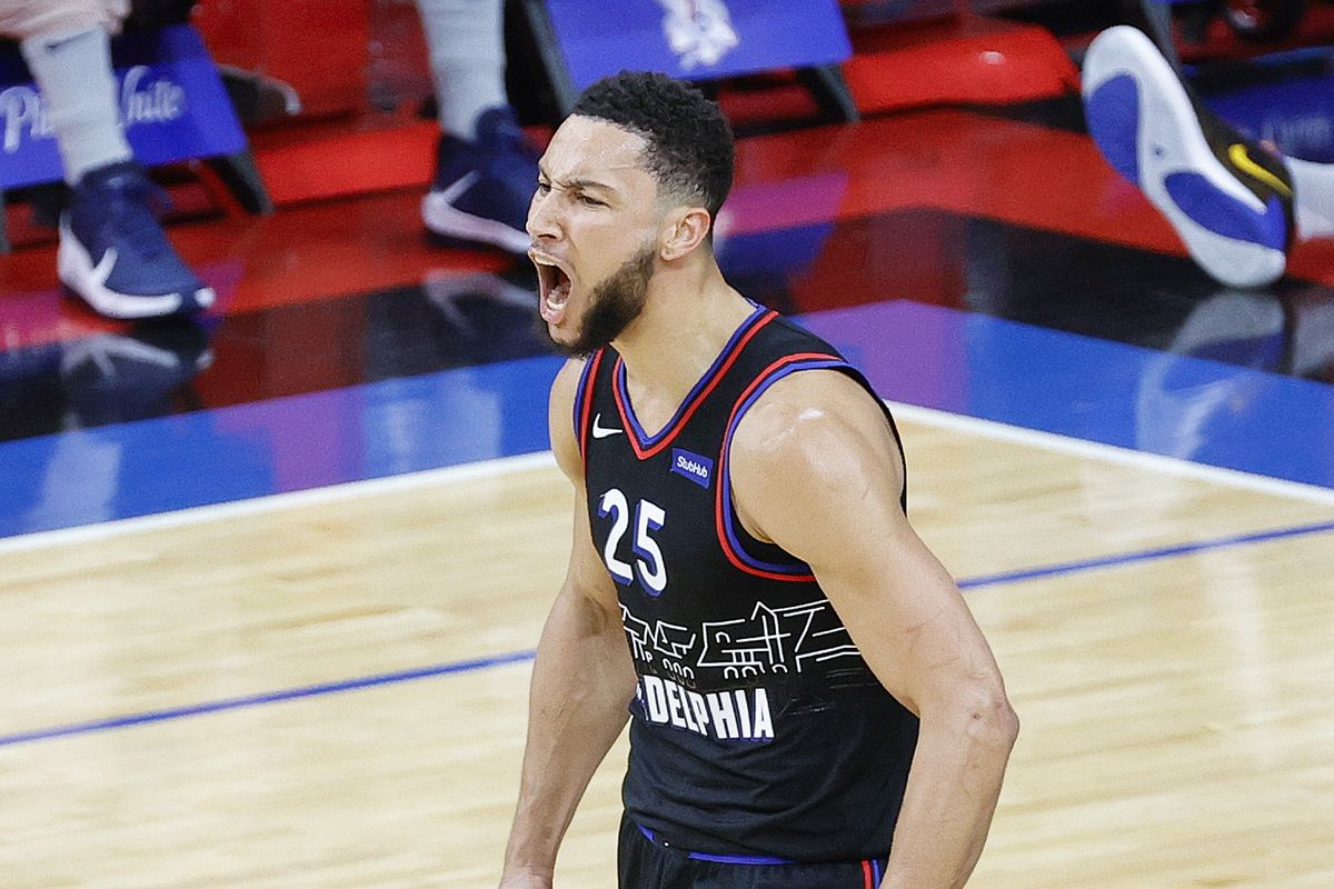 &nbsp;Ben Simmons of the Philadelphia 76ers celebrates during the third quarter against the Washington Wizards during Game One of the Eastern Conference first round series at Wells Fargo Center on May 23, 2021 in Philadelphia, Pennsylvania.